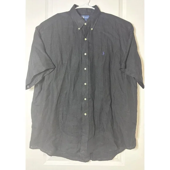 Ralph Lauren Blake Shirt Mens XL Black 100% Linen Short Sleeve Herringbone Pony - Picture 4 of 5